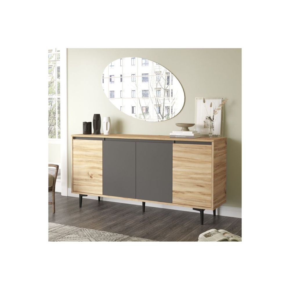 Aparador Moderno de 4 Puertas - Roble-Antracita - 160x40x78,5cm - Elegante Almacenamiento para Sala de Estar.