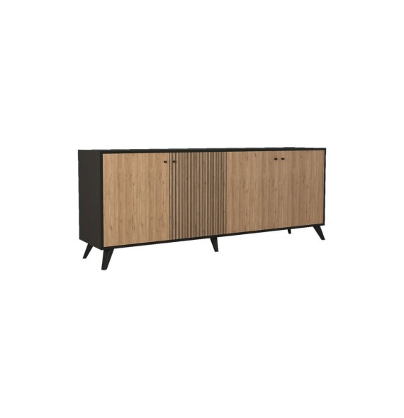 Buffet con 4 Puertas y Patas de Madera en Melamina Roble y Negro, 180x40x78,6 cm