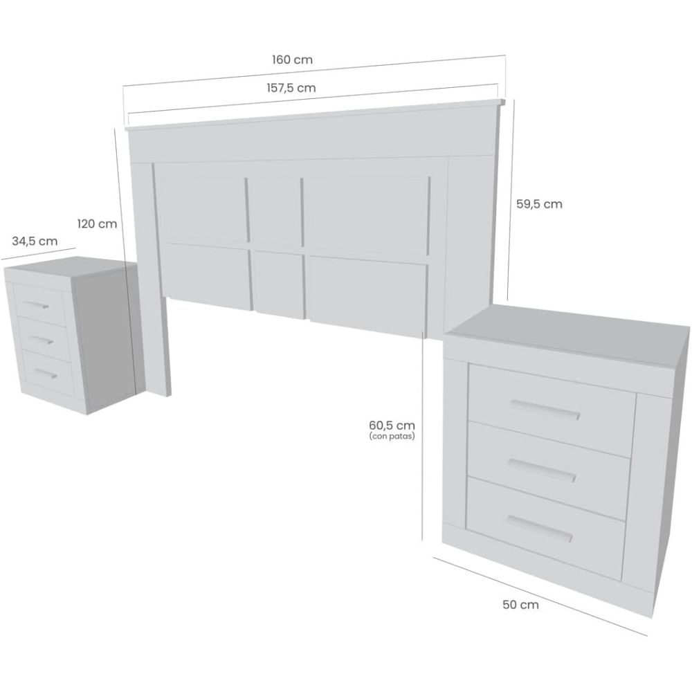 BricoExpo - Pack Cabecero de 160 x 120 cm + 2 Mesitas de Noche |Color Cambria y Blanco (para Cama de 135-140 o 160)