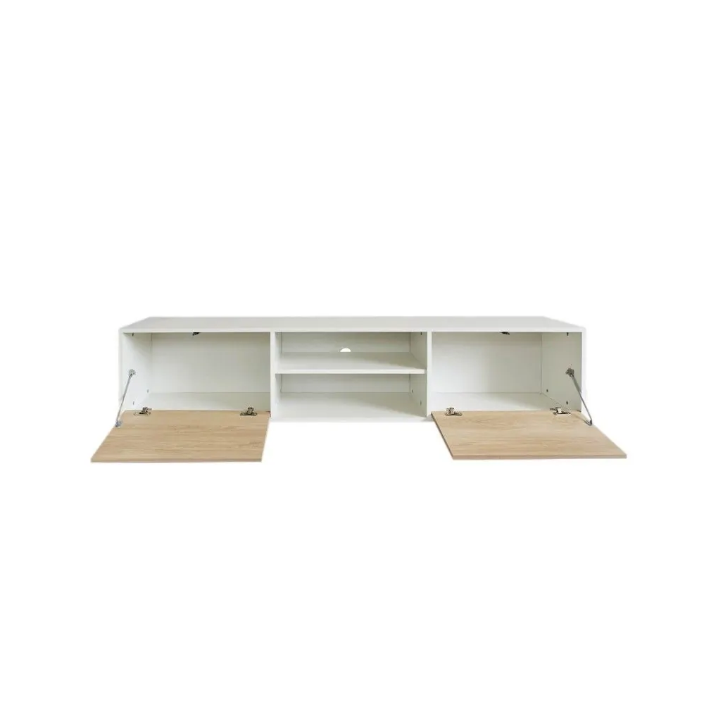 Mueble de TV de Diseño Nórdico, 2 Estantes y 2 Puertas, Cambria - Blanco, 49cm (Al)x 180cm (Anc) x 40cm (Fon)