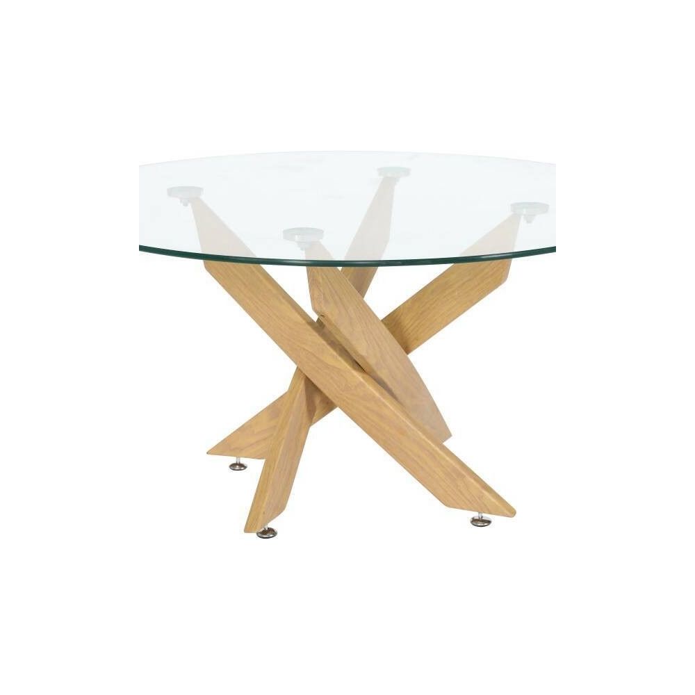 Mesa de Centro Redonda con Tapa de Cristal 8 mm y Patas Metálicas en Acabado Madera - Medidas 80x40 cm