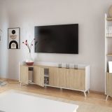 Aparador, Mueble Tv, Salón Comedor 4 Puertas, Armario Auxiliar Color Blanco y Roble, Medidas: 180x63x33,5 Cm